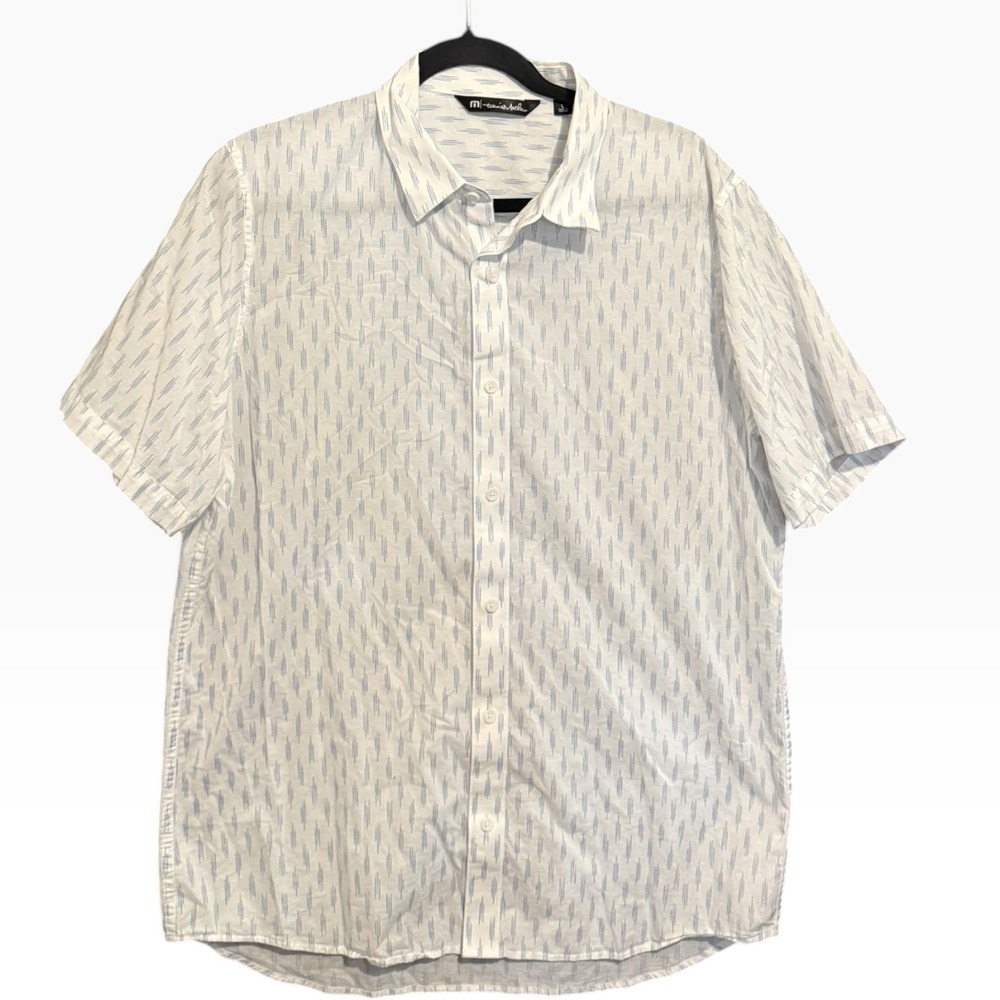 TravisMathew Mens Large White Blue Dash Print Short Sleeve Button Down Shirt